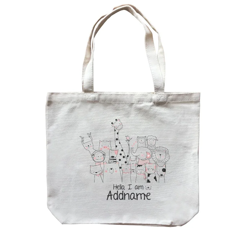 Customizable Canvas Tote Bag for Brand PromotionCute Animals And Friends Series Animal Group Hello I Am Addname Canvas Bag