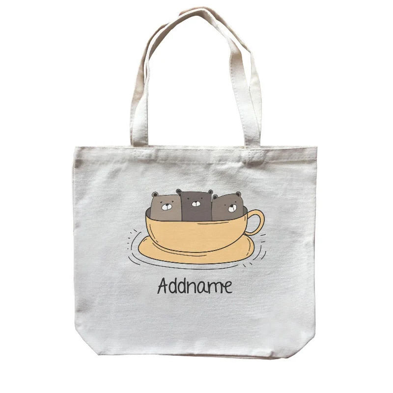 Multicolor Striped Canvas Tote Bag for Beach TripsCute Animals And Friends Series Hello Bear Coffee Cup Group Addname Canvas Bag