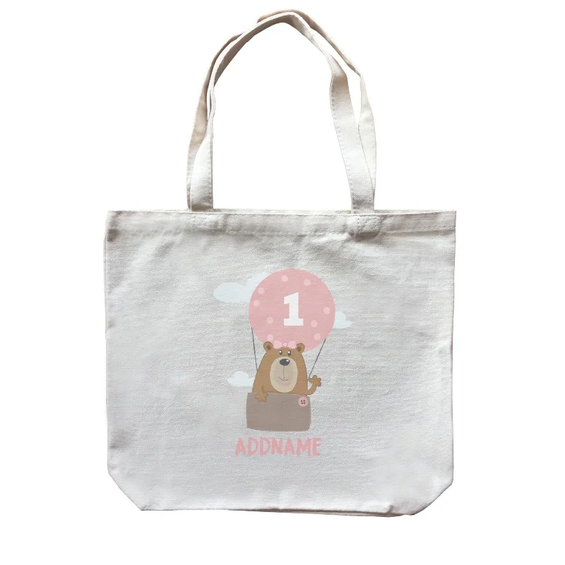 Recycled Canvas Shoulder Bag for Eco - Conscious ConsumersCute Bear Girl with Hot Air Balloon Birthday Theme Personalizable with Name and Number Canvas Bag