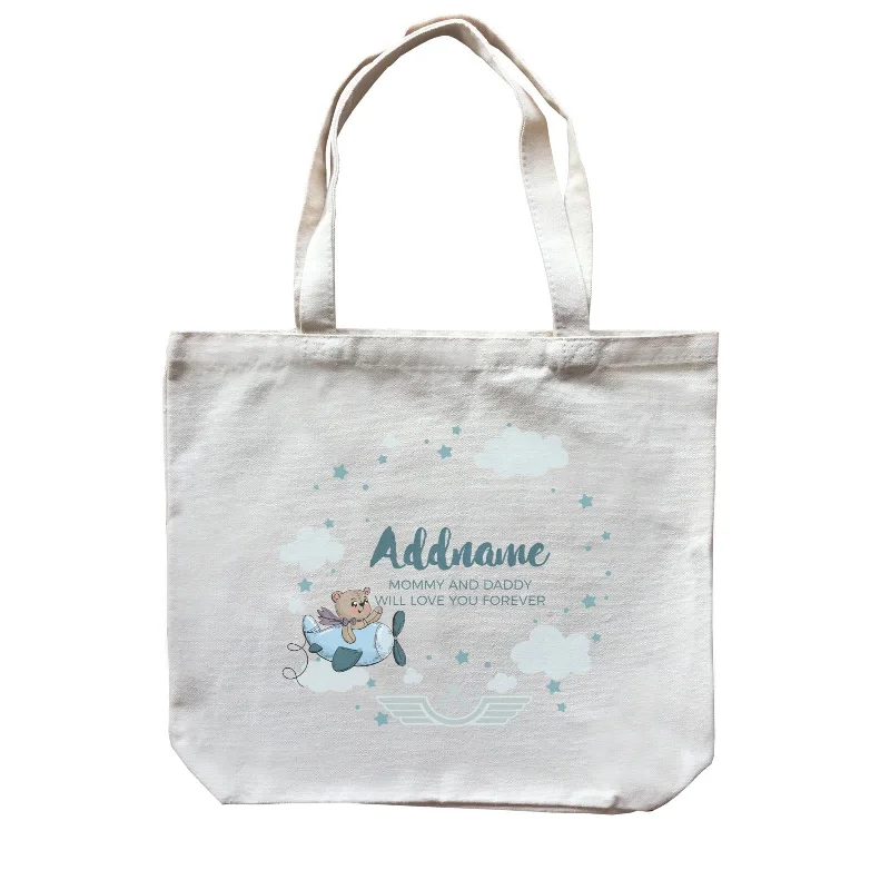 Boho - Style Embroidered Canvas Handbag for Summer FestivalsCute Bear Pilot in Blue Plane Clouds and Stars Element Personalizable with Name and Text Canvas Bag