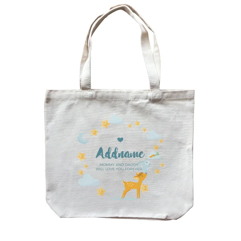 Customizable Canvas Tote Bag for Brand PromotionCute Deer and Rabbit with Star and Moon Elements Personalizable with Name and Text Canvas Bag