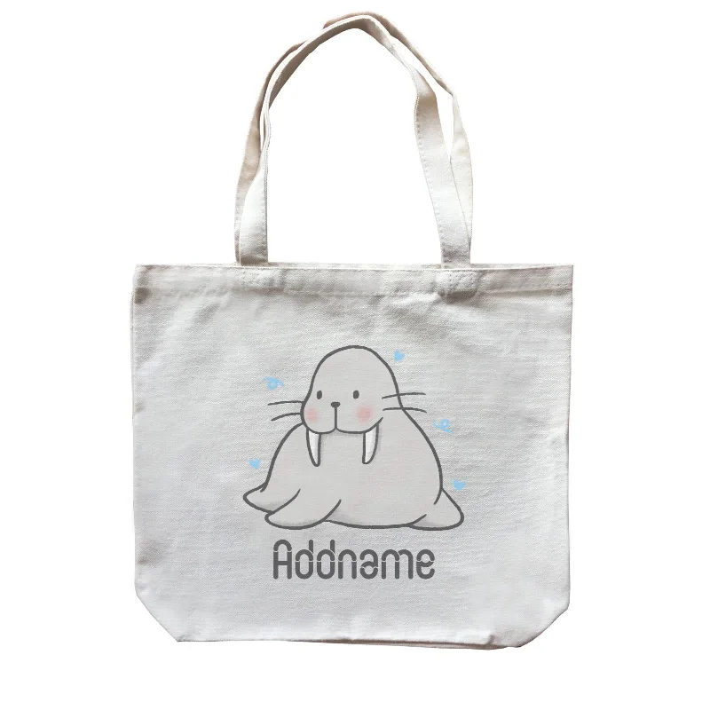 Canvas Bag with Leather Trim for a Stylish and Durable LookCute Hand Drawn Style Walrus Addname Canvas Bag