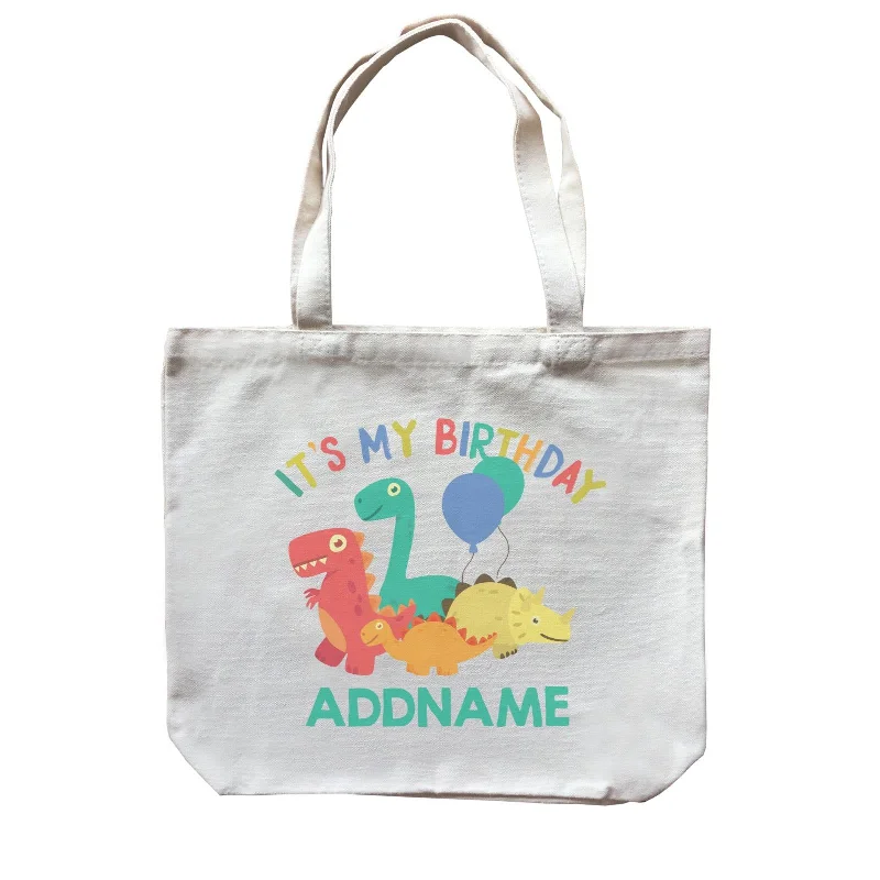 Rustic Brown Canvas Duffle Bag for Weekend GetawaysIt's My Birthday Addname with Cute Dinosaurs and Balloons Birthday Theme Canvas Bag