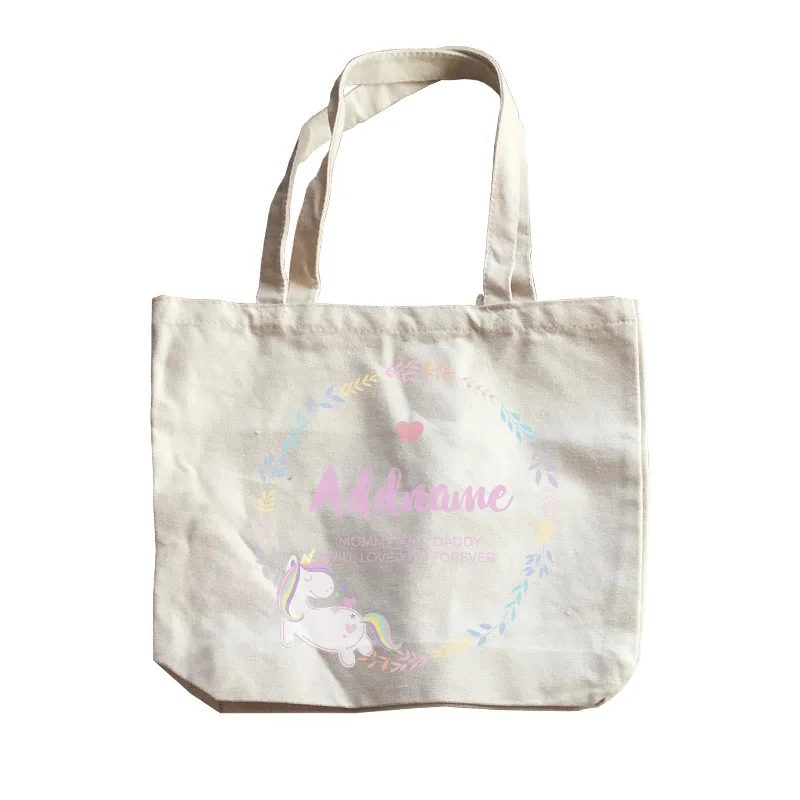 Printed Floral Pattern Canvas Shoulder Bag for Spring OutfitsPastel Colours Leaf Wreath with Unicorn Personalizable with Name and Text Canvas Bag