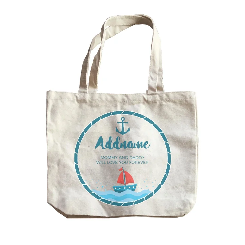 Canvas Beach Bag with Mesh Pockets for Sand - Free DryingSailor Emblem with Boat Personalizable with Name and Text Canvas Bag