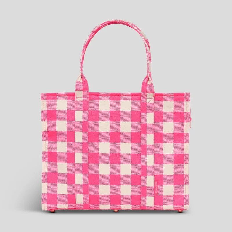 Oversized Jute Tote Bag in Natural Color with Rope Handles for a Beach VacationLarge Bon Vivant Structured Tote Bag -- Neon Pink Gingham