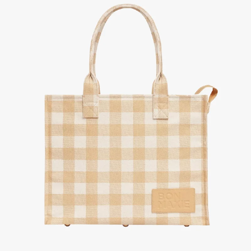 Women's Tote Bag with Inner Compartments in Gray for Organizing Everyday EssentialsLarge Bon Vivant Structured Tote Bag -- Almond Gingham