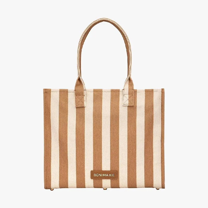 Large Capacity Genuine Leather Women's Tote Bag in Black for Work and CommutingLarge Bon Vivant Structured Tote Bag -- Tan Stripe