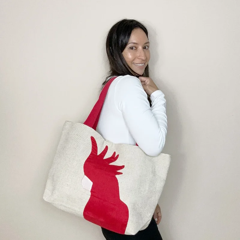 Women's Tote Bag with Magnetic Closure in Orange for Easy Access on the GoCockatoo Jute Tote Bag in Red