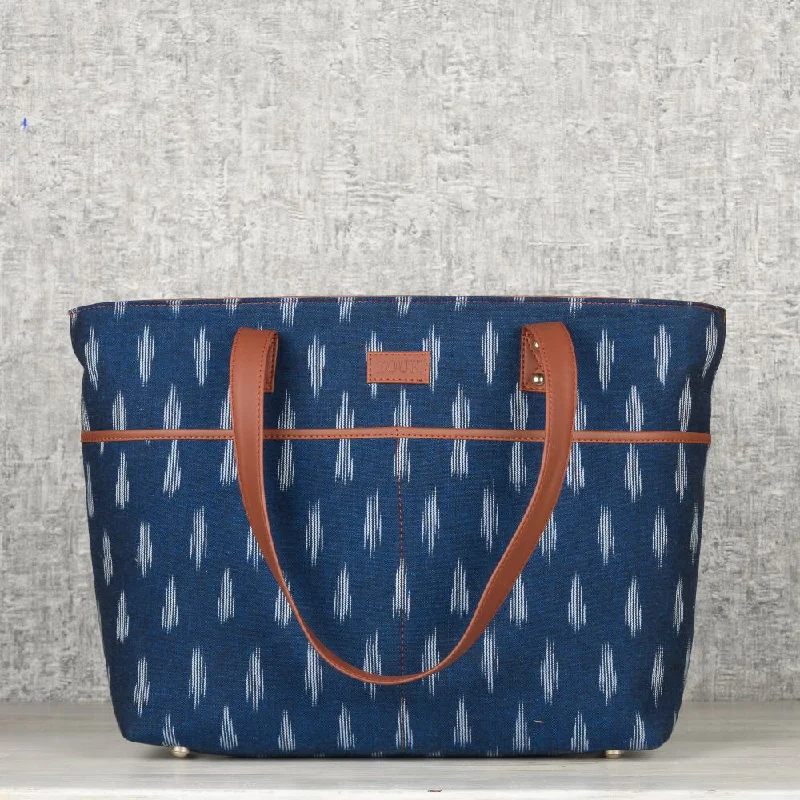 Patchwork Tote Bag in Denim with Vintage - Inspired Designs for a Retro AppealIkat Jet Blue Tote Bag