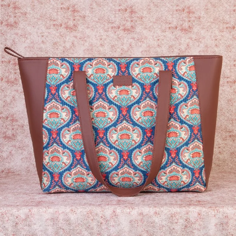 Embroidered Tote Bag in Beige with Floral Motifs for a Boho - Chic VibeKovil Blue Side Tote Bag