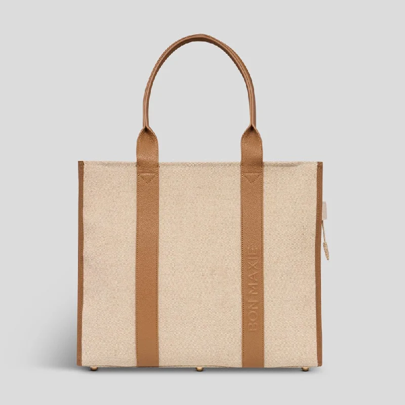 Women's Tote Bag with Magnetic Closure in Orange for Easy Access on the GoLarge Bon Vivant Structured Tote Bag -- Jute Canvas Tan Leather