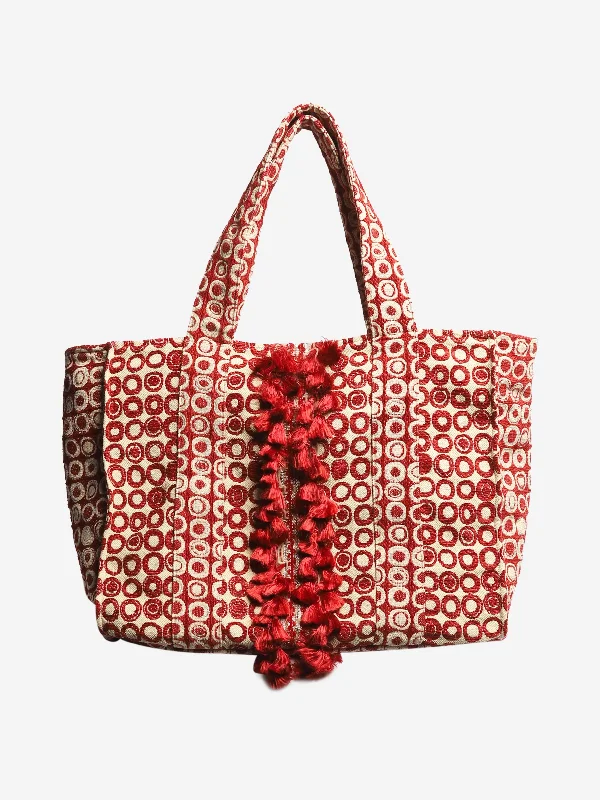 Faux Fur - Trimmed Tote Bag in White for a Cozy Winter LookRed and beige jacquard tote bag