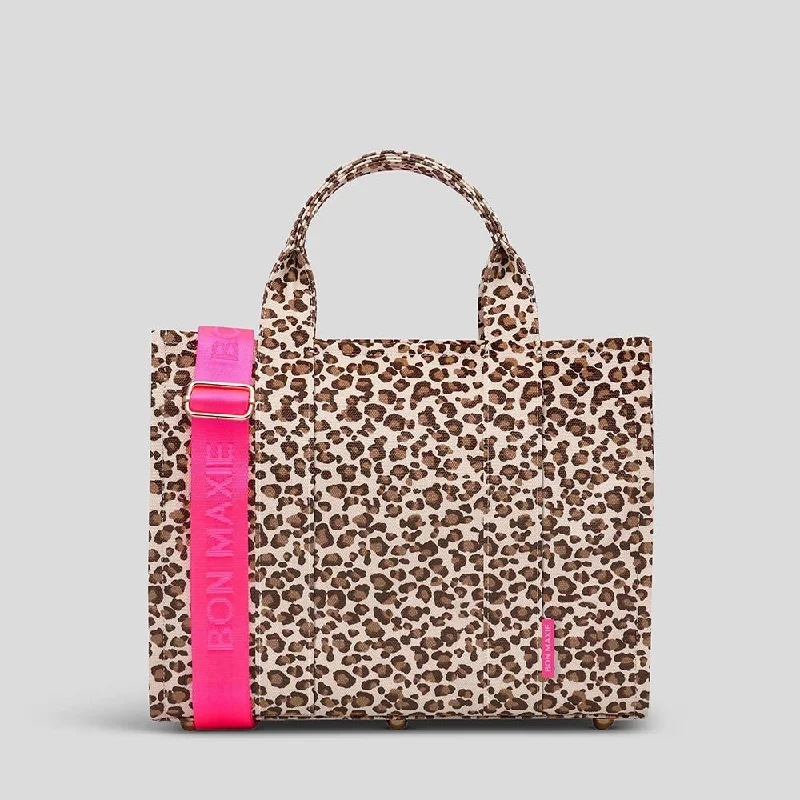 Patchwork Tote Bag in Denim with Vintage - Inspired Designs for a Retro AppealSmall  Bon Vivant Structured Tote Bag -- Mini Tote Leopard/Neon Pink