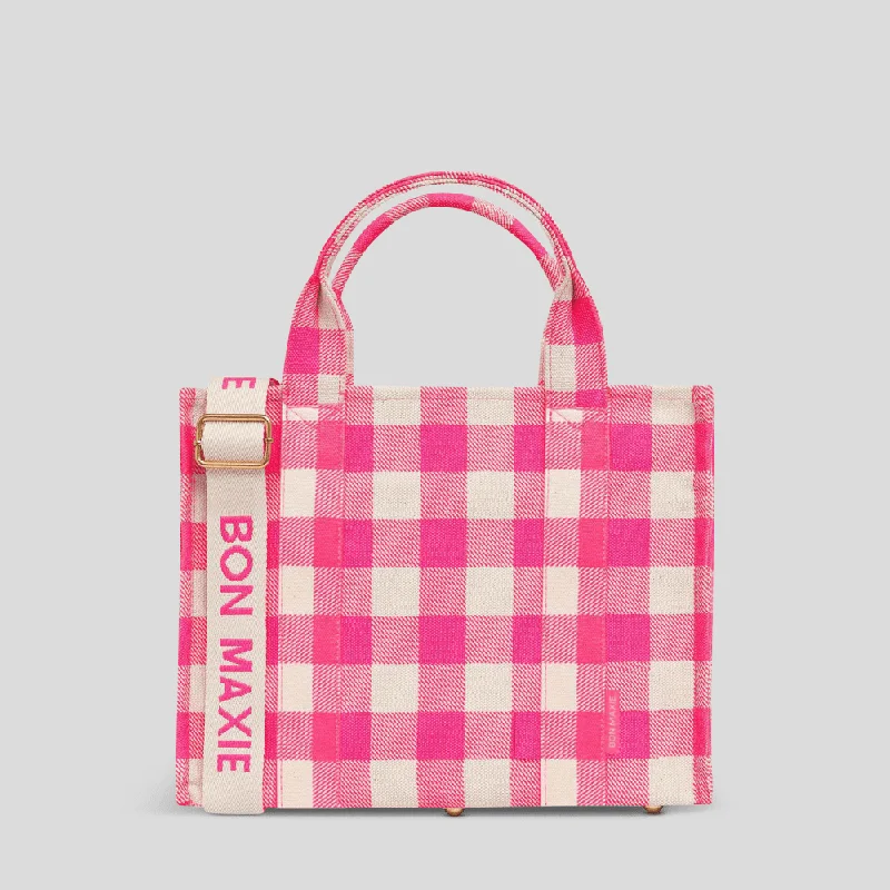 Women's Tote Bag with Detachable Pouch in Purple for Added ConvenienceSmall Bon Vivant Structured Tote Bag -- Mini Tote Neon Pink Gingham