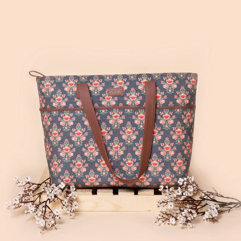 Patchwork Tote Bag in Denim with Vintage - Inspired Designs for a Retro AppealMughal Garden Print Tote Bag