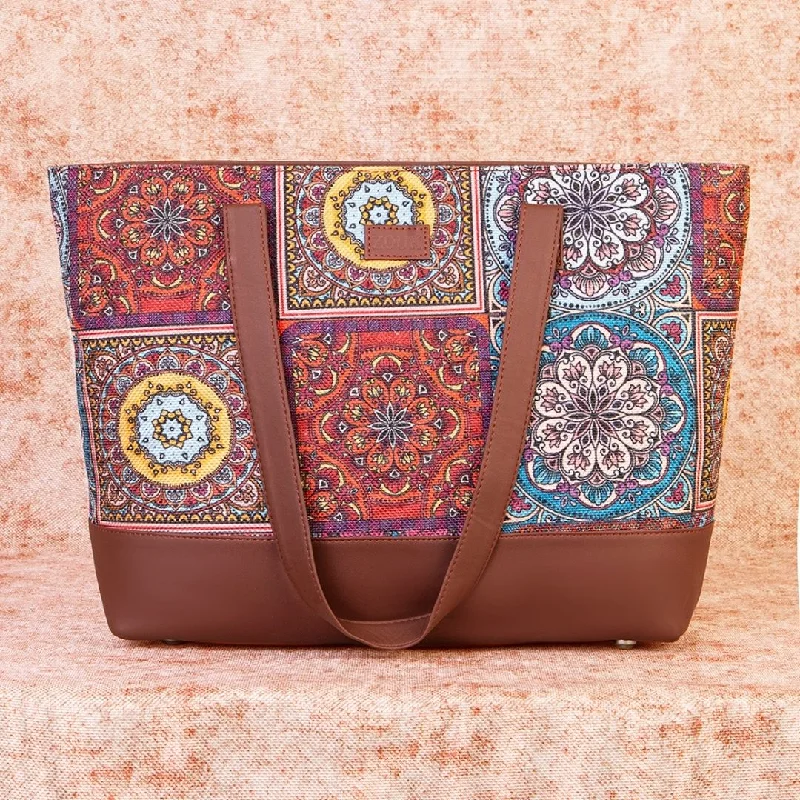 Women's Tote Bag with Zipper Closure in Red for Secure StorageMulticolor Mandala Print Shoulder Tote Bag