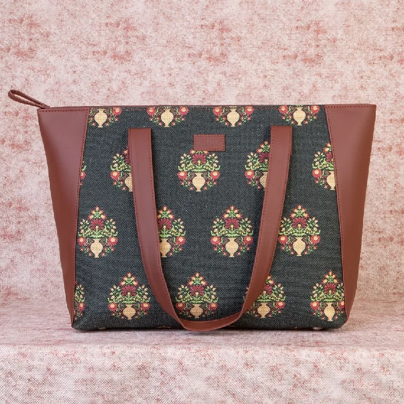 Monogrammed Tote Bag in Brown Leather with Personalized Initials for a Custom and Elegant TouchRoyal Green Mogra Print Side Tote Bag