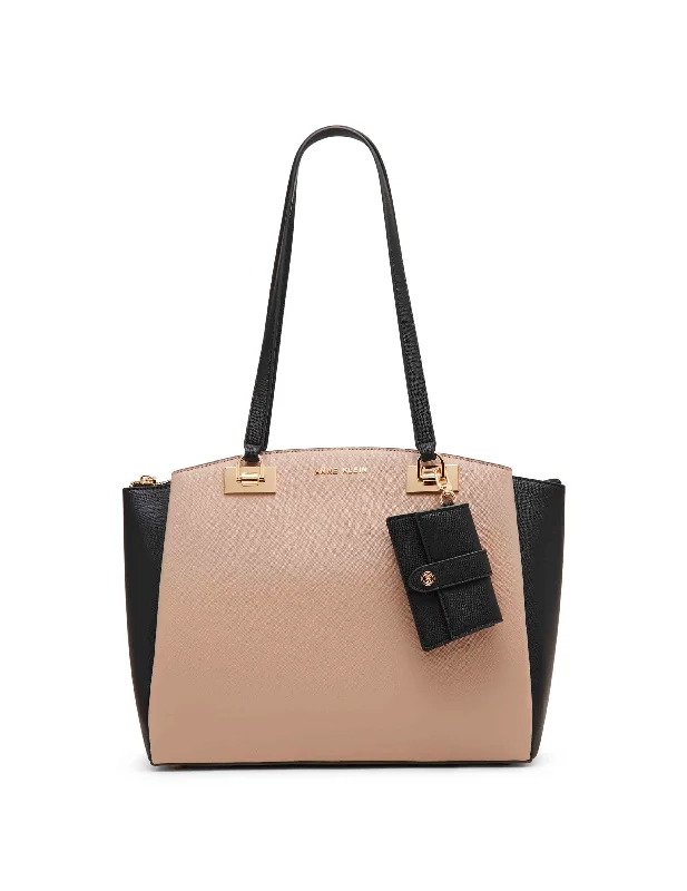 Metallic Tote Bag in Rose Gold with Chain Handles for a Glamorous Night OutStructured triple curved tote with card case