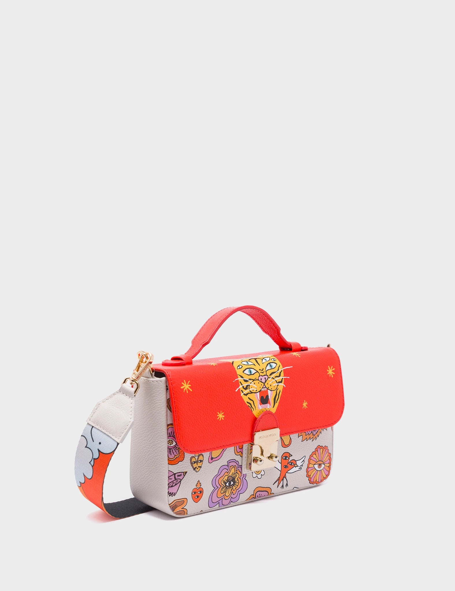 Women's Crossbody Bag with Magnetic Closure in White for Quick AccessAmantis Cream and Fiesta Red Leather Crossbody Mini Handbag - Vintage Bloom Design