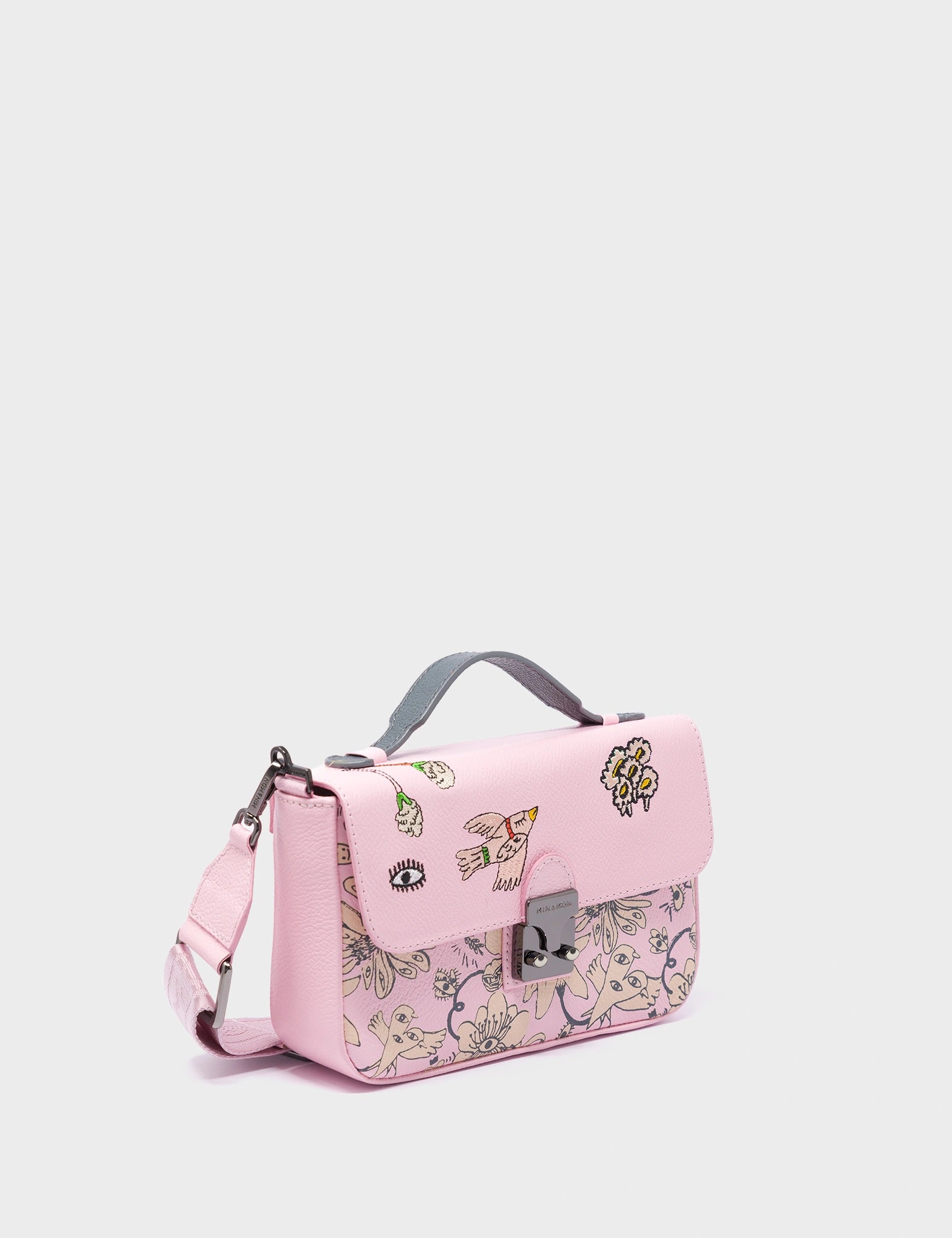 Women's Crossbody Bag with Magnetic Closure in White for Quick AccessAmantis Parfait Pink Leather Crossbody Mini Handbag - Flowers Design