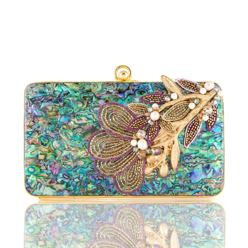 Snake - Skin Effect Clutch in Green for Exotic PartiesAmpelia Abalon Clutch - Women's clutch bag in gold and shell