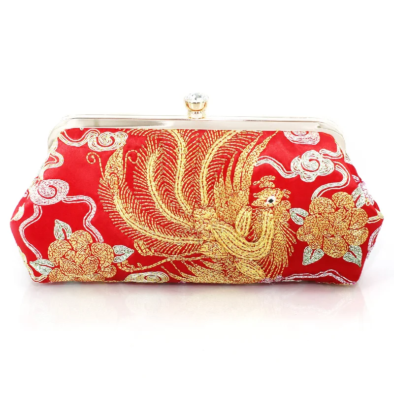 Women's Monogrammed Leather Clutch in Tan for Personalized StyleChinese Kwan Kwa Clutch - Phoenix & Peonies【裙褂手袋 - 鳳, 雲】