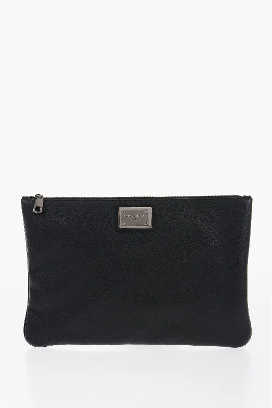 Quilted Leather Evening Bag in Gray for Sophisticated EventsDolce & Gabbana Leather And Nylon Clutch With Metal Placque