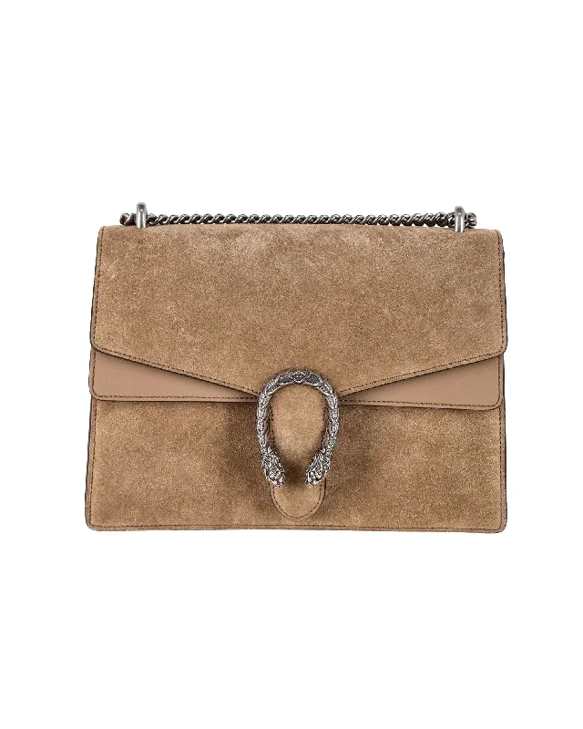 Women's Shoulder Bag with Faux Fur Strap in White for Winter StyleGucci Medium Dionysus Chain Handbag in Beige Suede