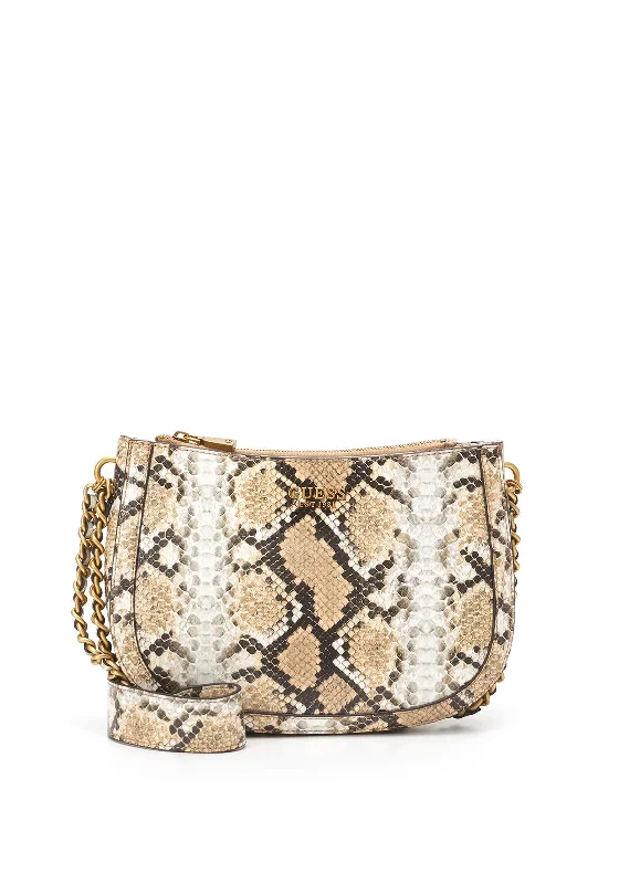 Canvas and Leather Combo Shoulder Bag in Tan for a Rustic LookGuess Abey Python Finish Chain Side Shoulder Bag, Natural