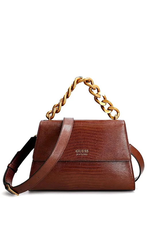 Women's Large Leather Shoulder Bag in Brown with Multiple Compartments for WorkGuess Tullia Croc Print Handbag, Brown