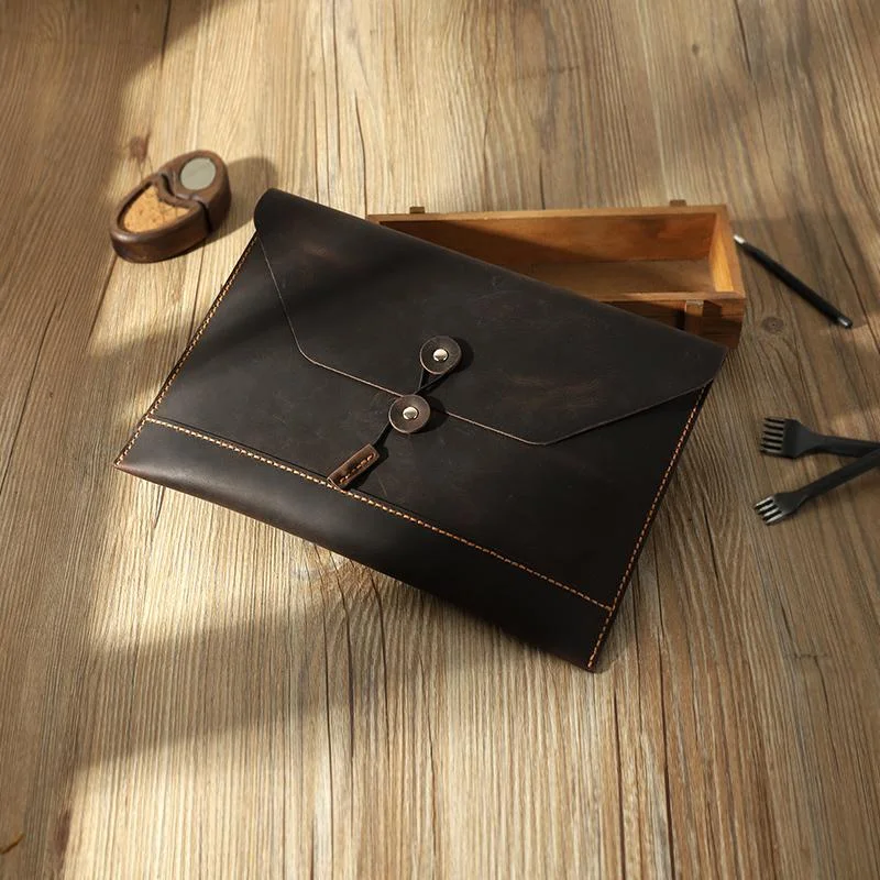 Leather Clutch with Chain Strap in Black for Cocktail PartiesHandmade Coffee Mens Clutch A4 Envelope File Bag Personalized Coffee Leather Folder Purse for Men