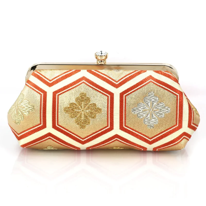 Geometric - Patterned PVC Evening Bag in Multicolor for Trendy Nights OutKikko Hexagon Clutch Purse in Gold and Peach| Upcycled from vintage Japanese Obi