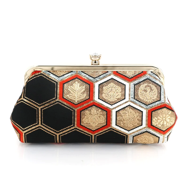 Geometric - Patterned PVC Evening Bag in Multicolor for Trendy Nights OutKimono Obi Crystal Clutch Purse with Hexagon Kikko in Black Red and Gold