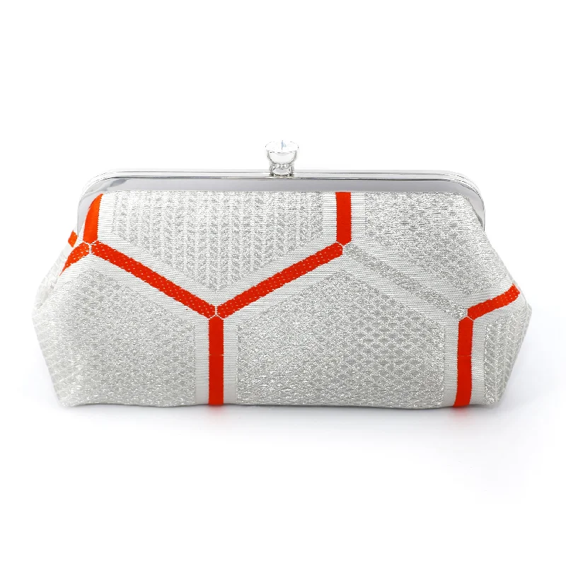 Women's Small Beaded Clutch in Silver for New Year's Eve PartyKimono Silk Clutch in Kikko Silver and Orange