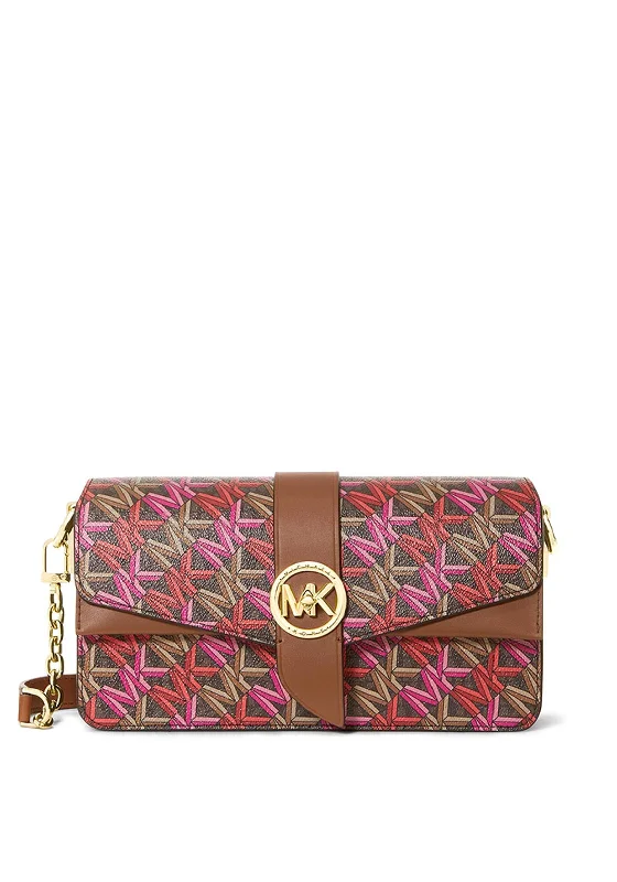 Women's Large Leather Shoulder Bag in Brown with Multiple Compartments for WorkMICHAEL Michael Kors Greenwich Graphic Logo Shoulder Bag, Brown & Pink