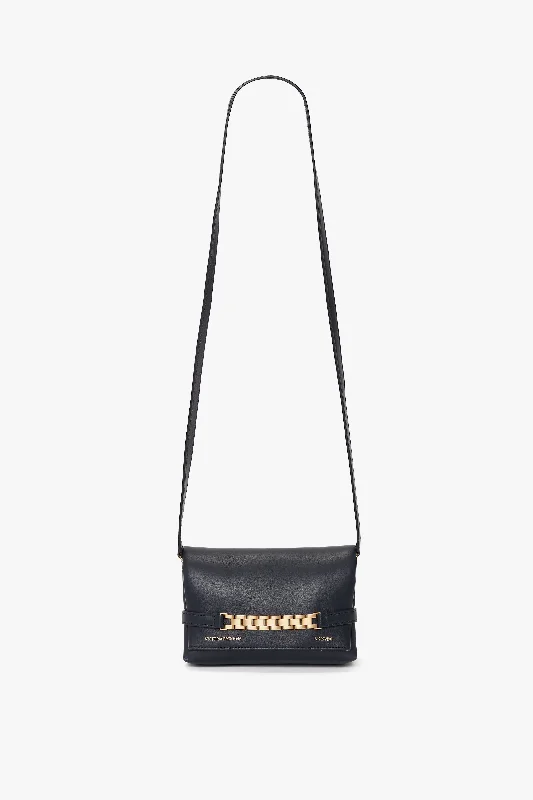 Vegan Leather Shoulder Bag in Gray for Ethical Fashion LoversMini Chain Pouch Bag With Long Strap In Navy Leather