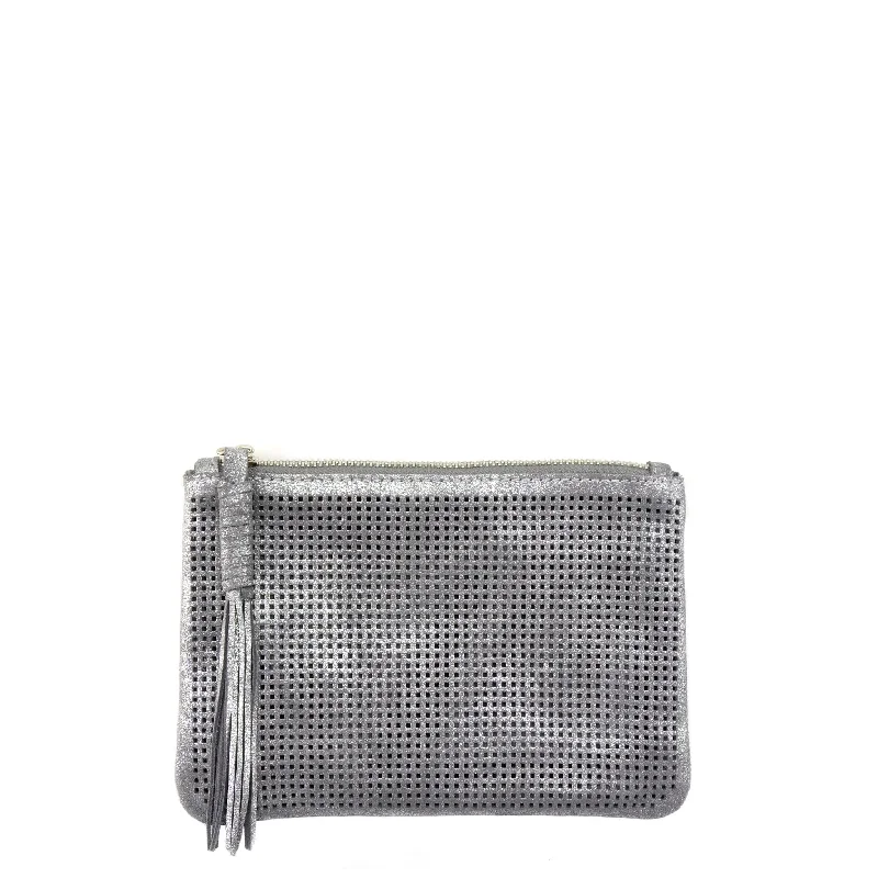 Leather Clutch with Chain Strap in Black for Cocktail PartiesOrado Perforated Shimmer Pouch Large Silver