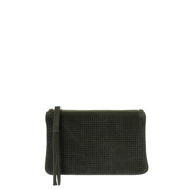 Quilted Leather Evening Bag in Gray for Sophisticated EventsOrado Perforated Suede Pouch Small Olive