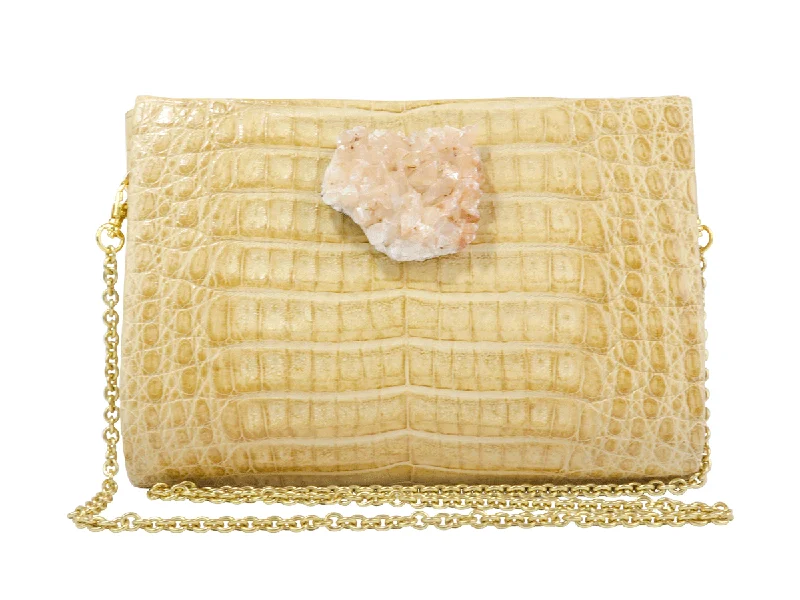 Snake - Skin Effect Clutch in Green for Exotic PartiesTan Matte Crocodile & Quartz Crystal