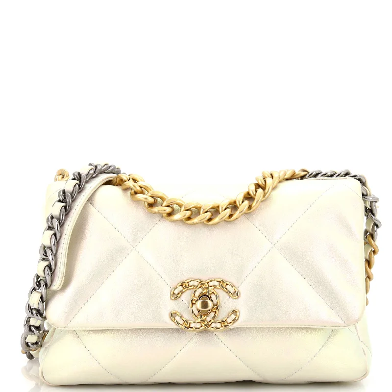 Women's Crossbody Bag with Magnetic Closure in White for Quick Access19 Flap Bag Quilted Iridescent Calfskin Medium