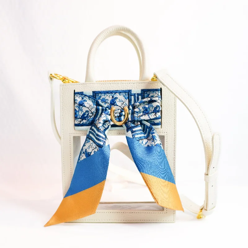 Women's Small Leather Crossbody Bag in Black with Gold Hardware for Evening PartiesMini Calista Clear + Blue Chinoiserie Monkeys Twilly