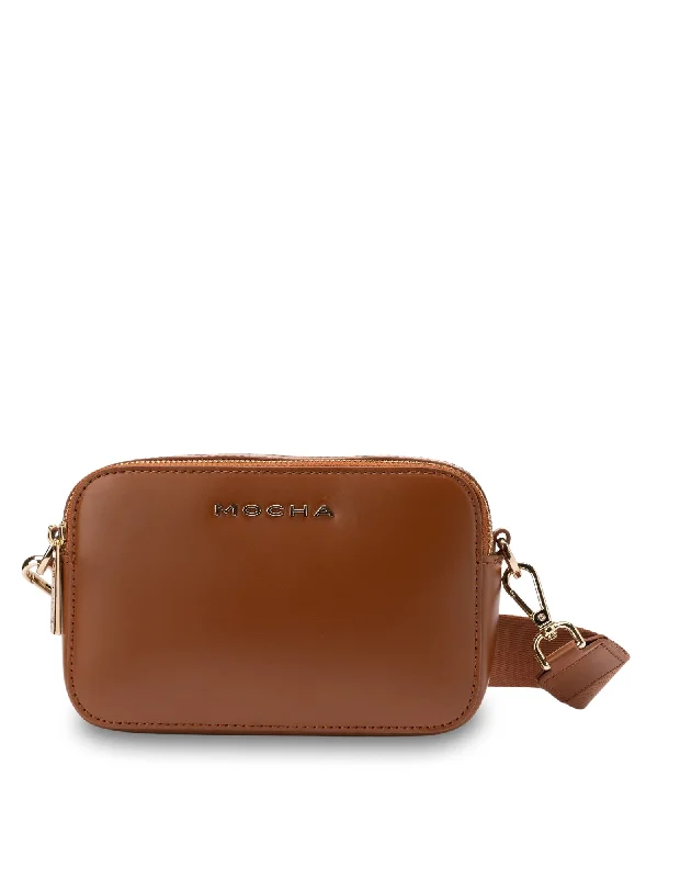 Leather - Trimmed Denim Crossbody Bag in Blue for a Vintage - Inspired LookMocha Alicia Glossy Leather Double Zip - Tan