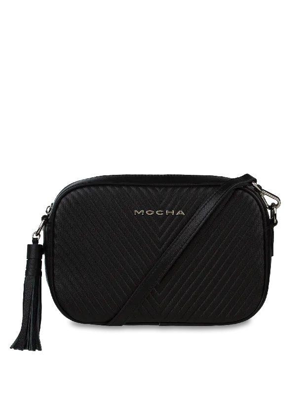 Women's Crossbody Bag with RFID - Blocking Pocket in Black for Safe TravelMocha Chevron Box Leather Crossbody Bag - Black/Silver