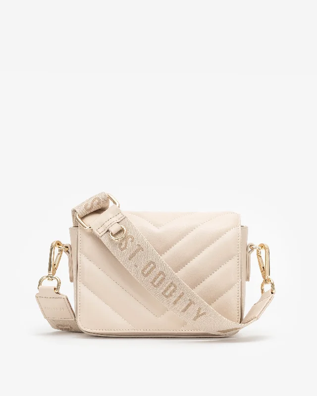 Medium - sized Canvas Crossbody Bag in Beige with Floral Print for Spring OutingsQuilted Chevron Crossbody Bag in Light Sand