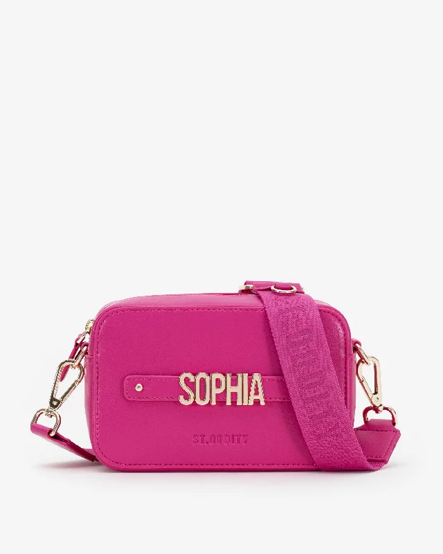 Women's Small Leather Crossbody Bag in Black with Gold Hardware for Evening PartiesZip Crossbody Bag in Fuchsia with Personalised Hardware